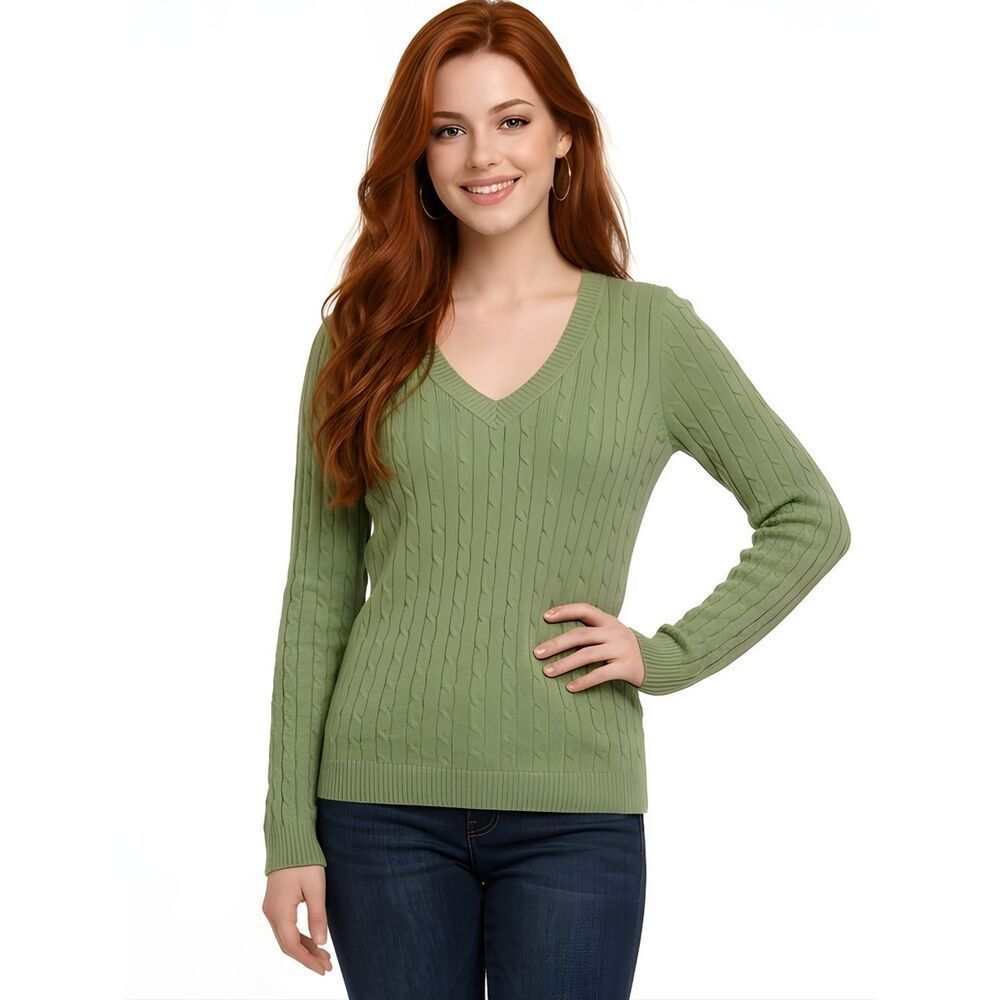 Ann Taylor Loft Green V-neck Cable Stitch Pull-On Sweater Size L Petite
